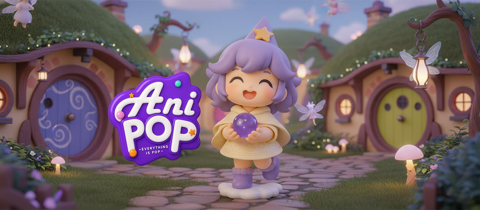 ดินแดน AniPoP — น้องป๊อปปี้ มาสคอตของร้าน ยืนถือลูกแก้วอยู่กลางหมู่บ้านเวทมนตร์